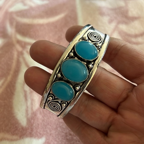 Boho Tribal Statement Cuff Bracelet – Silver-Tone with Blue Cabochons - Picture 3 of 3